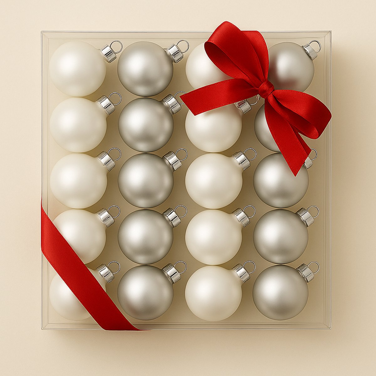 24 glazen mini kerstballen in zilver en wit, Ø 2,5 cm.