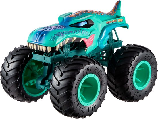 Groene monster truck met dinosaurusvorm, grote zwarte wielen en oranje en paarse details.