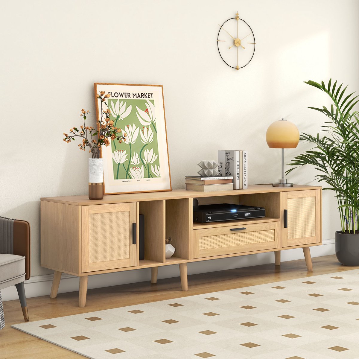 HAUSS SPOLE TV meubel - TV-kast met 2 deuren, 1 lade en rattan accenten - Voor woonkamer, eetkamer en slaapkamer - 180x40x54 cm - Spaanplaat - Naturel