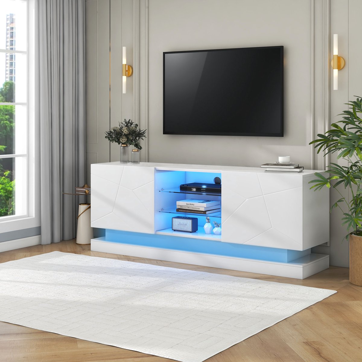 HAUSS SPOLE TV meubel - Hoogglans TV-meubel met verstelbare glazen plank en geruisloze scharnieren - Voor woonkamer, eetkamer en slaapkamer - 160x38,5x60 cm - Spaanplaat - Wit