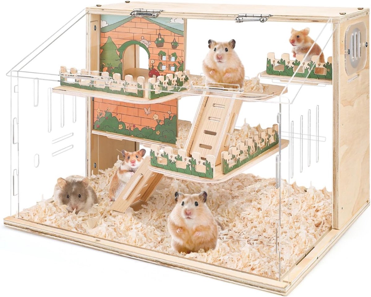 White-Label® Hamsterkooi met Hamsterspeelgoed - Rattenkooi - Hamster Kooi met 3 Verdiepingen - Natur en Transparant