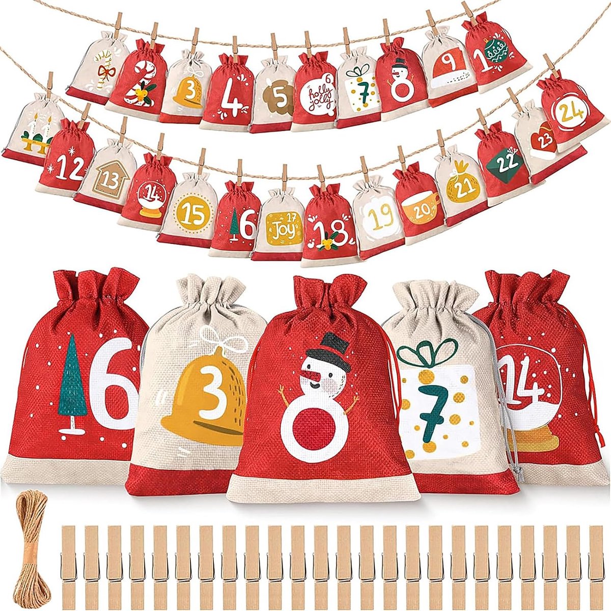 Adventskalender - 24 stoffen vakken - 24 clips met henneptouw - 10 x 15 cm - DIY kerstkalender - Hangende vakken - 10 m ophangkoord - Geschikt voor kinderen, vrouwen en mannen - Kerstversiering - Kan snoep/chocolade/kleine cadeautjes bevatten