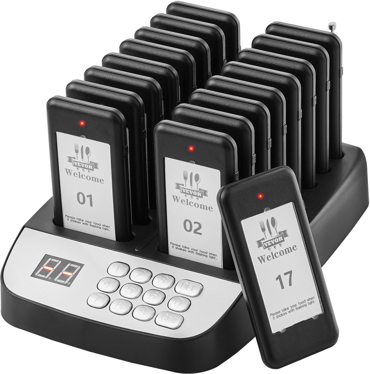 VEVOR Restaurant Pager-systeem, Draadloos Wachtrijsignaal met Bereik van 500 m, Gastoproeppieper met Trillen en Knipperen, 16 Pagers voor Foodtruck, Kerk