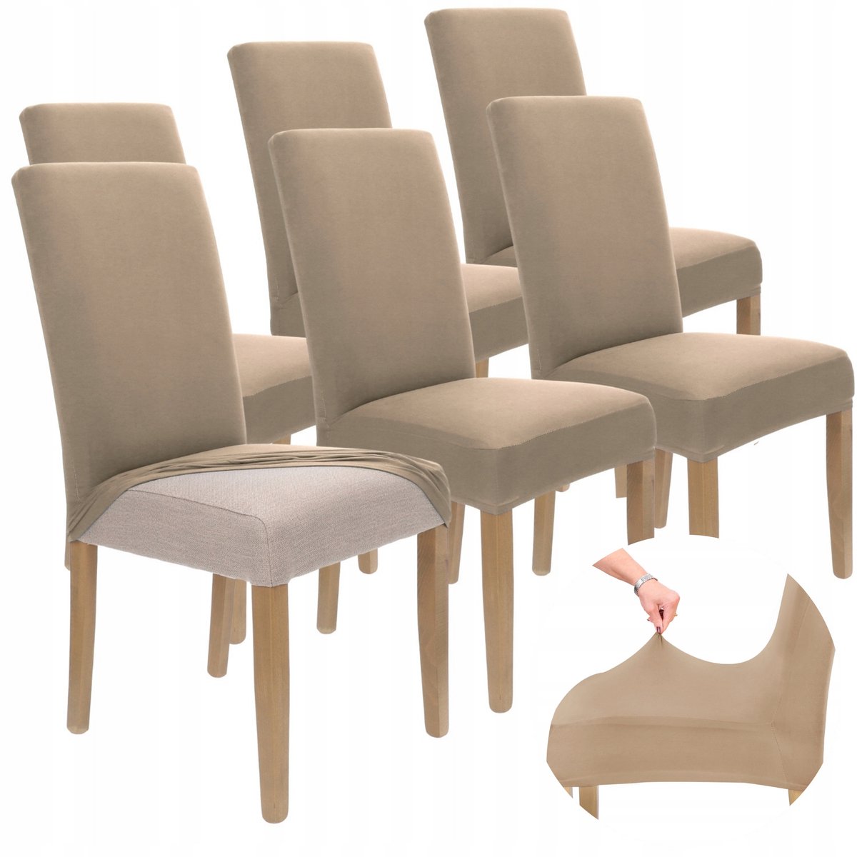 Set van 6 Beige Elastische Stoelhoezen - Dik & Luxe