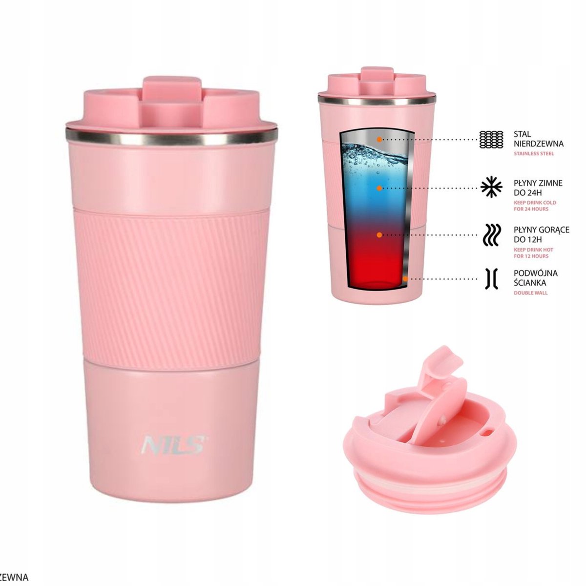 Nils Camp Thermosbeker Roze 510ml - Comfortabele Grip