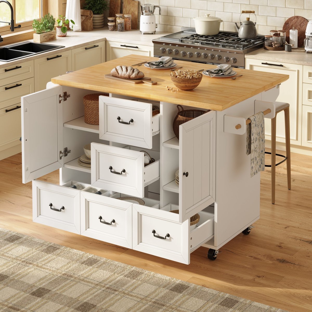 PHOEBE CAT Keukeneiland - Dressoir - Met handdoekrek - Verrijdbare keukentrolley - Verstelbare planken - 5 lades - Wit