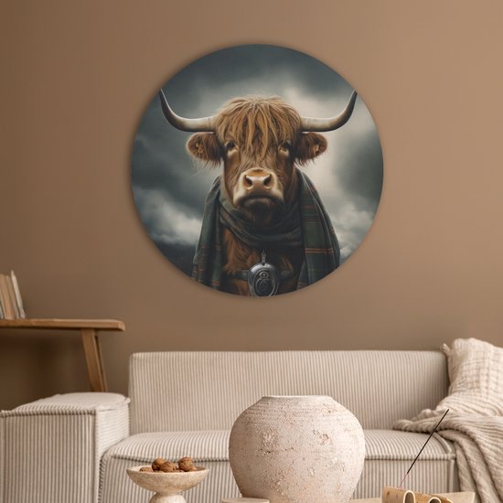 Akoestisch wandpaneel rond 50x50 cm - Vilt schilderij Schotse hooglander - Sjaal - Bergen - Ronde akoestische panelen - Geluidsdempende wanddecoratie - Geluidsisolatie wandcirkel - Muurdecoratie geluidspanelen