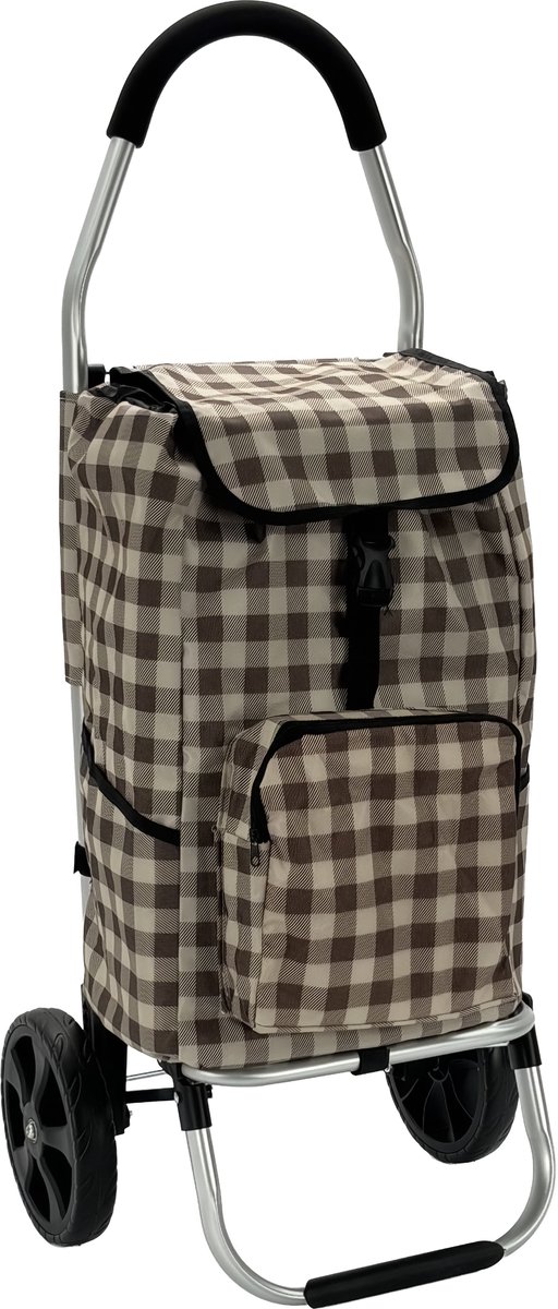 Dreamble® | Luxe Boodschappentrolley | Boodschappenwagen | Beige Patroon | Extra Hoog (103cm) en groot (50 Liter) | Koelvak met rits | 2 ophanghaken | Extra grote wielen | Steekwagenfunctie | Opvouwbaar | Lichtgewicht | 4 extra vakken | Waterdicht