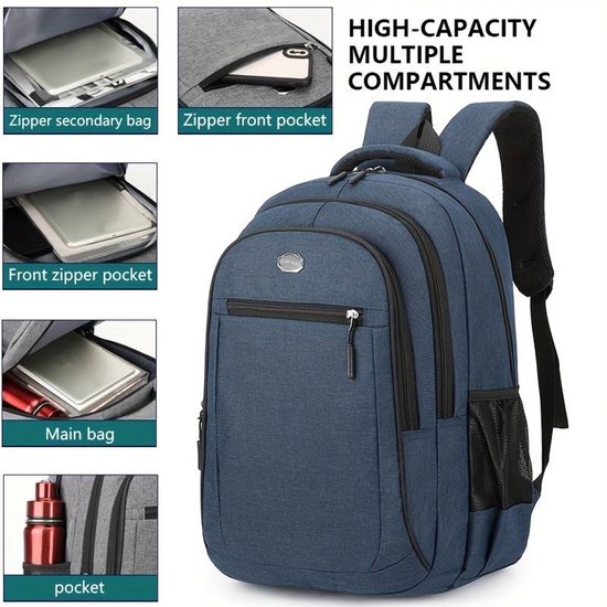 Sjtoer® Blauwe Rugzak - Schooltas - met 17,3 inch Laptopvak- Laptop ...
