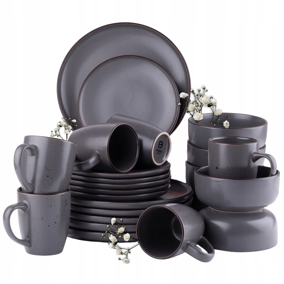 Servies 24-delig voor 6 personen, steengoed, boho stippen, grijs