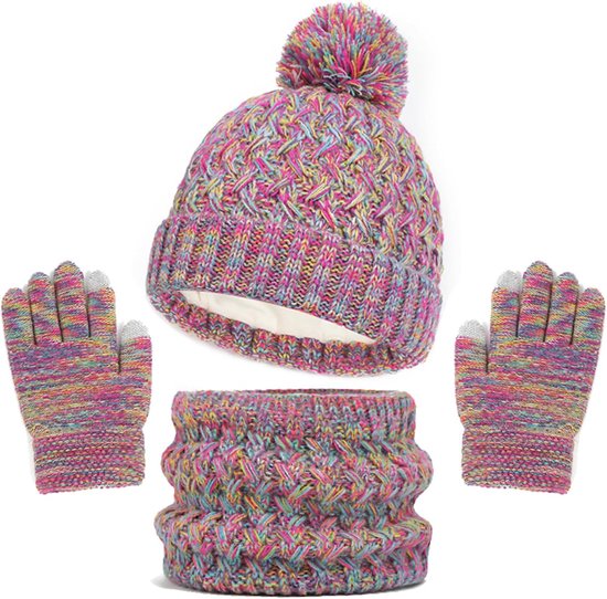 Linsocle 3-in-1 wintermuts voor kinderen, sjaal, handschoenen, winterbeanie, muts, set voor jongens, warm​Wintermuts, beaniemuts, handschoenen, ronde sjaal, set voor kinderen van 2-6 jaar., blauw, 2-6