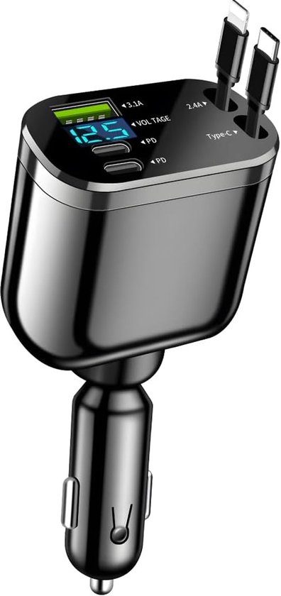 Zwarte autolader met LED-scherm, twee retractable kabels (type C en Lightning).
