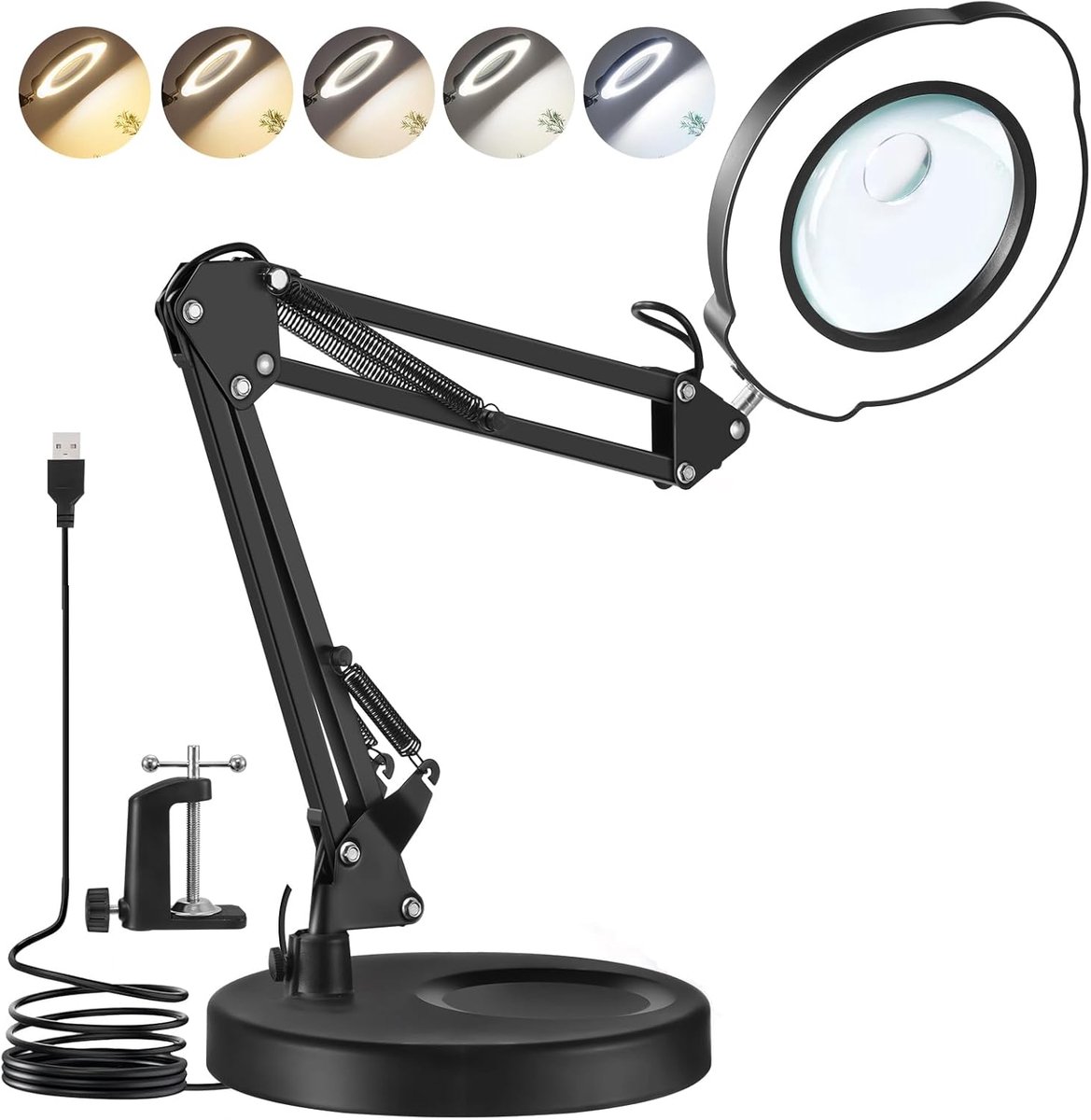 Vergrootglas met LED-lamp en standaard - 10x en 15x vergroting, dimbare bureaulamp voor precisiewerk en lezen