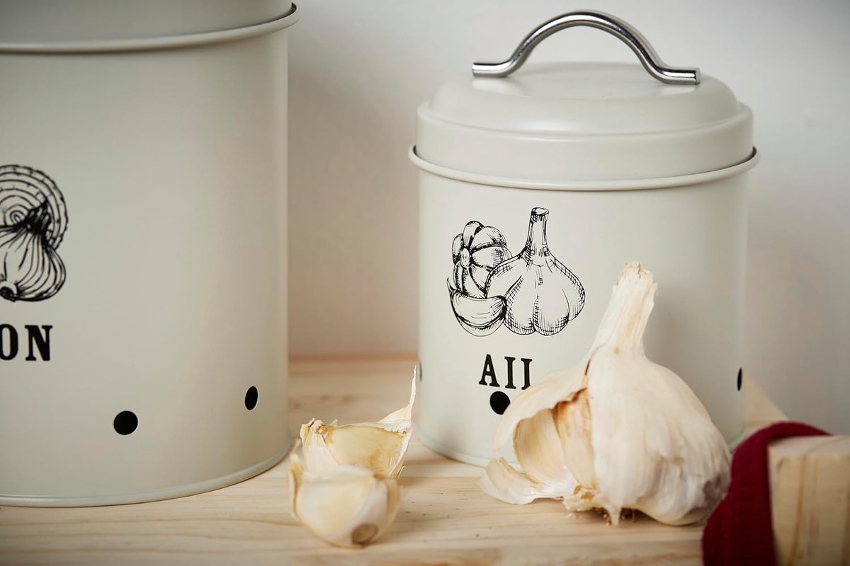 Opbergdoos voor knoflook 1L - Keuken Organizer met Ventilatie - Beige 11cm Ø