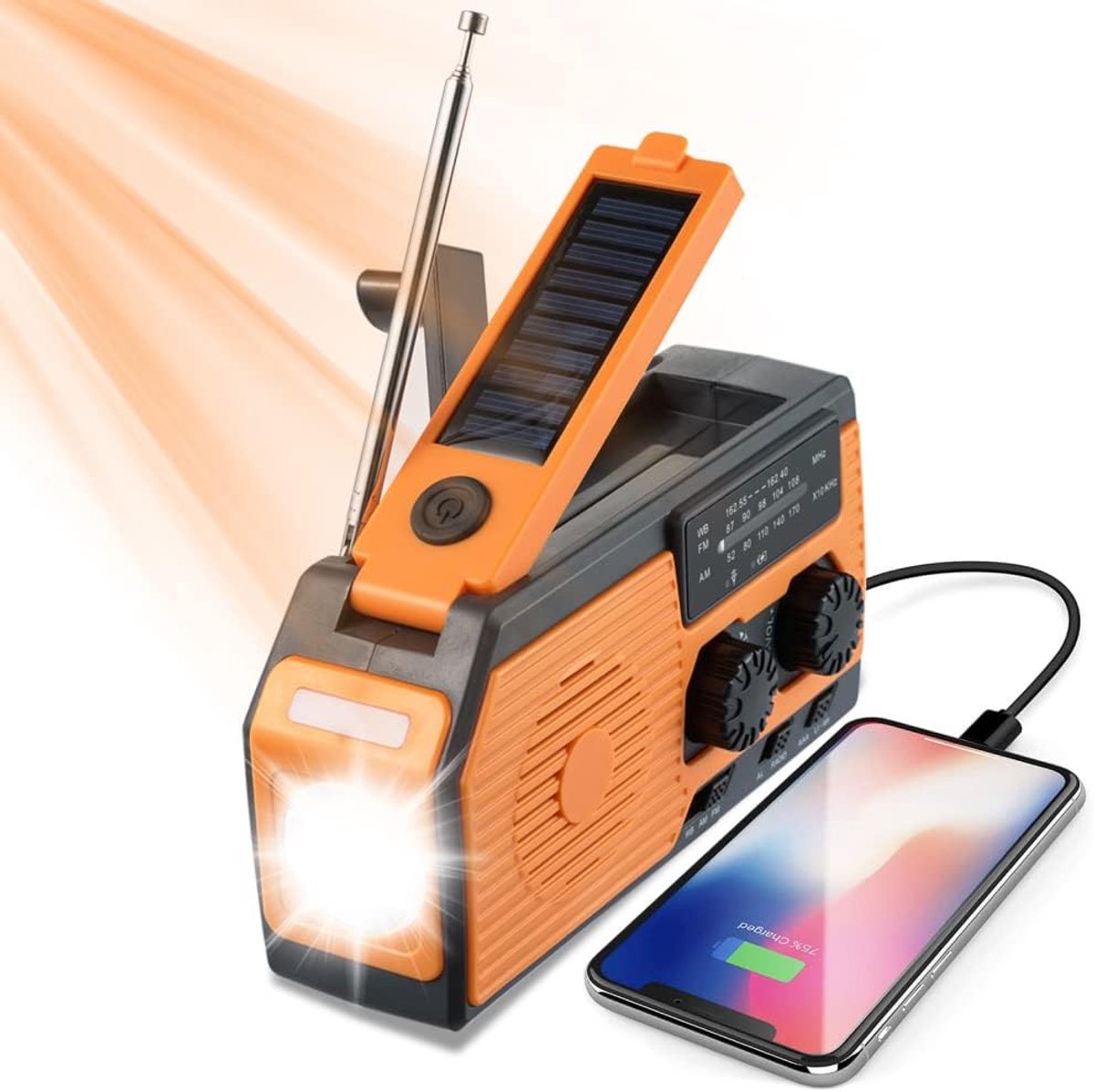 Draagbare Solar Noodradio met 5000 mAh Batterij, Zwengel, AM/FM, USB-oplaadfunctie en Zaklamp voor Outdoor en Noodsituaties