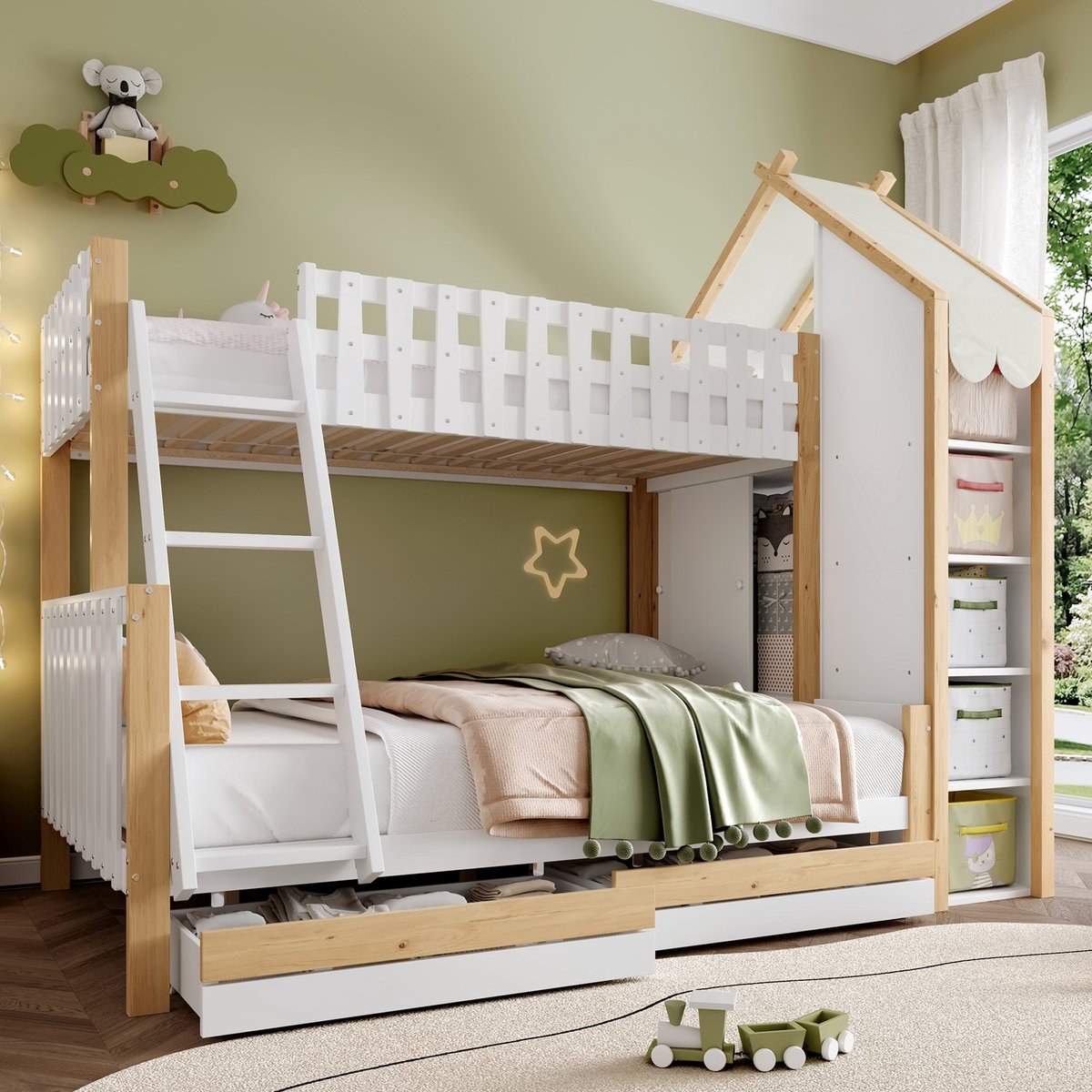 PHOEBE CAT Stapelbed - 90x200+140x200 cm - Huis bedframe - 2 lades - Opbergruimte - Wit + Natuurlijke