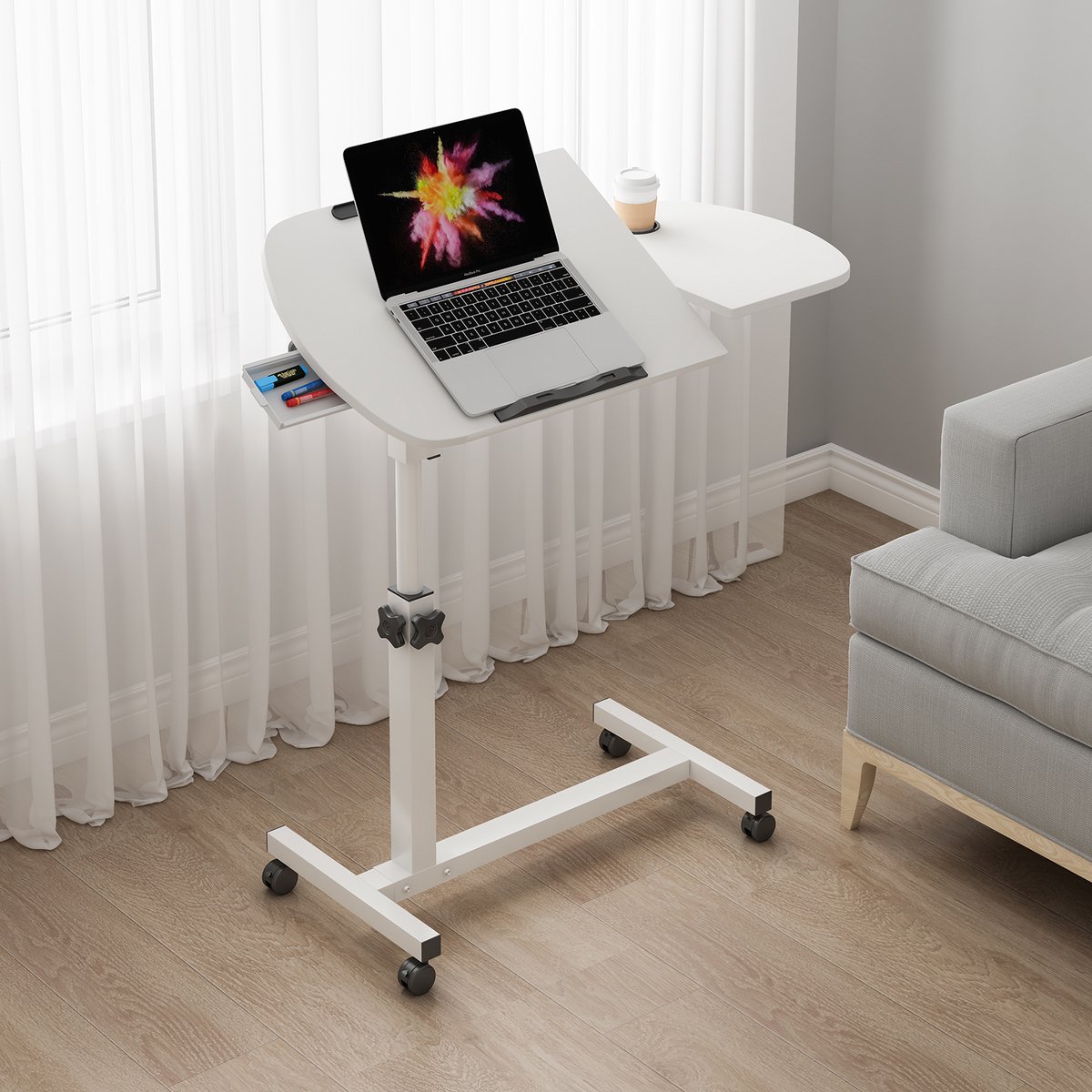 PIPIPOXER- Laptoptafel en Bijzettafel op wielen – bedtafel – laptoptandaard – In hoogte verstelbaar-Wit