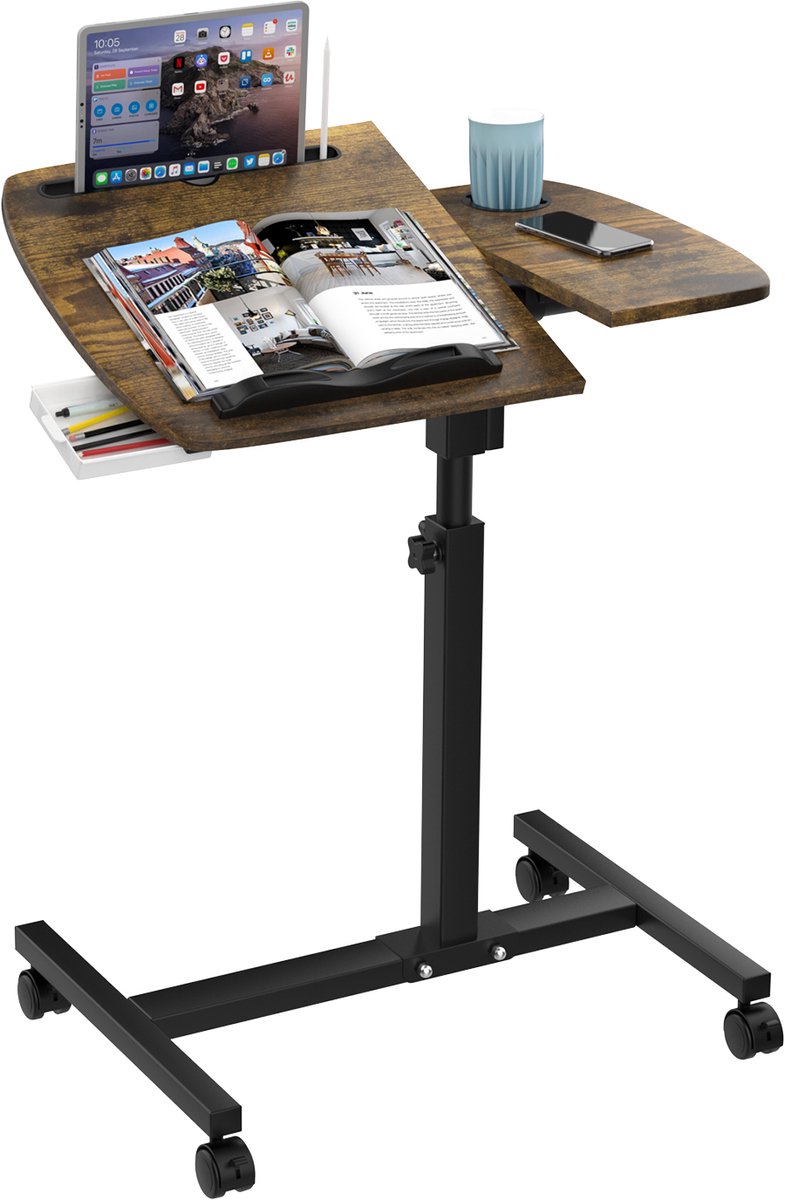 PIPIPOXER- Laptoptafel en Bijzettafel op wielen – bedtafel – laptoptandaard – In hoogte verstelbaar-Bruin
