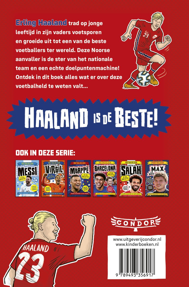 Achterkant van een boek met Erling Haaland en een reeks andere voetbalhelden-boeken.