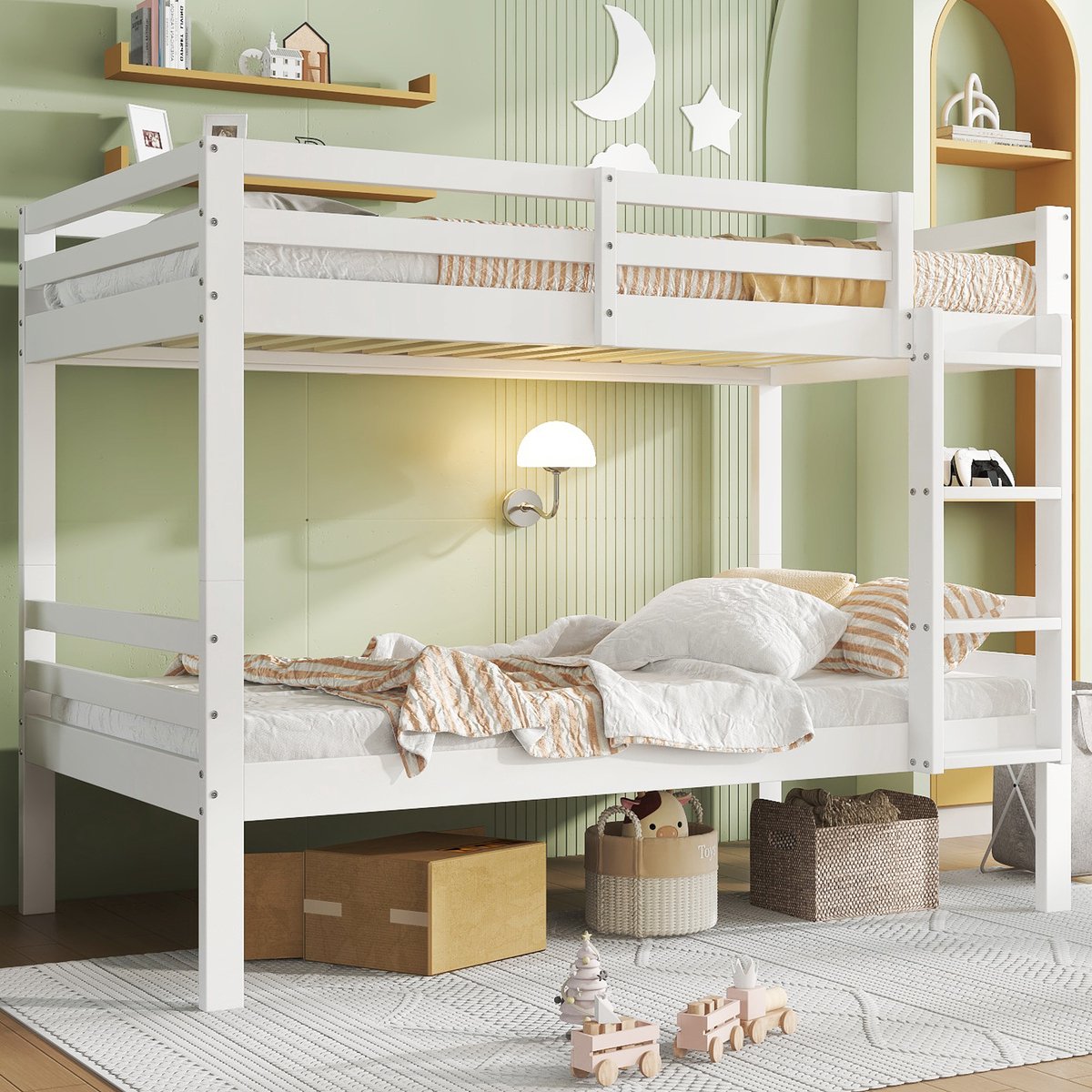 HAUSS SPOLE Stapelbedden Voor Kinderen - 90x200 - Kinderstapelbed Met Rechte 3-Traps Ladder - Veiligheid En Comfort - Hout - Wit