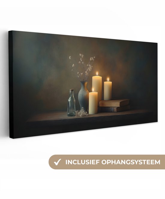 Canvas schilderij 160x80 cm - Exclusieve wanddecoratie Kaarsen - Stilleven - Rustiek - Boeken - Muurdecoratie woonkamer - Slaapkamer decoratie - Kamer accessoires - Schilderijen op canvas