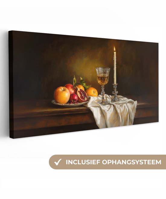 Canvas schilderij 160x80 cm - Exclusieve wanddecoratie Fruit - Stilleven - Wijn - Kaars - Muurdecoratie woonkamer - Slaapkamer decoratie - Kamer accessoires - Schilderijen op canvas