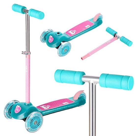 Ensemble de trottinettes roses à paillettes avec détails turquoise et imprimé chat. Une trottinette est entière, l'autre est démontée.