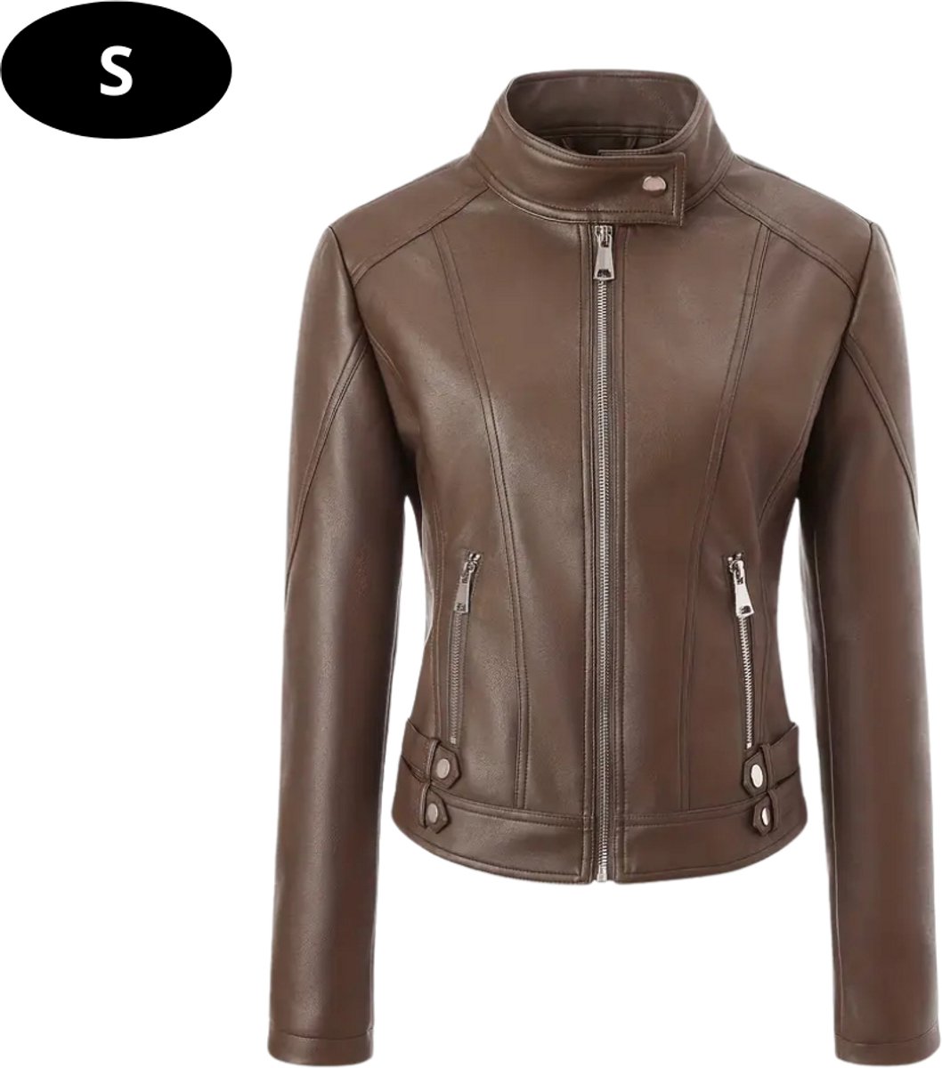 Bovista Kunst Leren Jas Leather Jacket Lederen Jas Bomberjack Pilotenjack Blazer Biker Motorjas Motormuis Dames Bruin