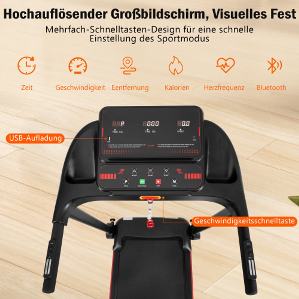 Afbeelding 3 van Loopband voor thuis, opvouwbare loopband met helling van 8%, stille loopbanden tot 14 km/u met groot loopoppervlak, 3,0 HP loopband voor thuis met LED-display en Bluetooth, maximaal draagvermogen 120 kg (EAN: ...1956)