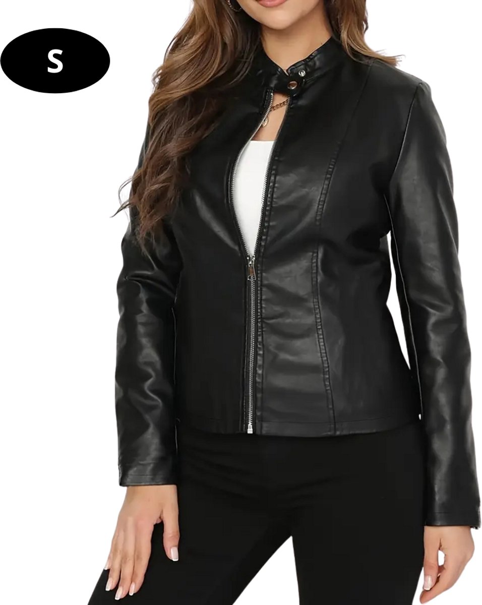 Livano Kunst Leren Jas Leather Jacket Lederen Jas Bomberjack Pilotenjack Blazer Biker Motorjas Motormuis Dames Zwart