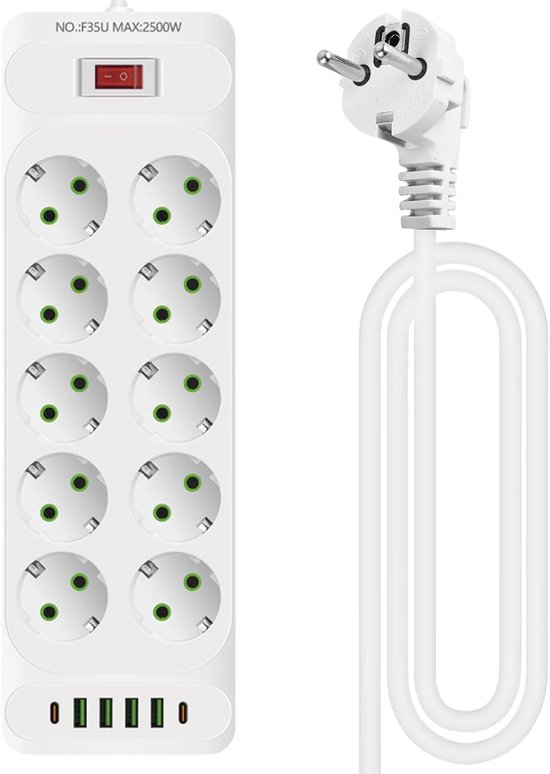10-voudig - Stekkerdoos met USB - 2 meter - Bol