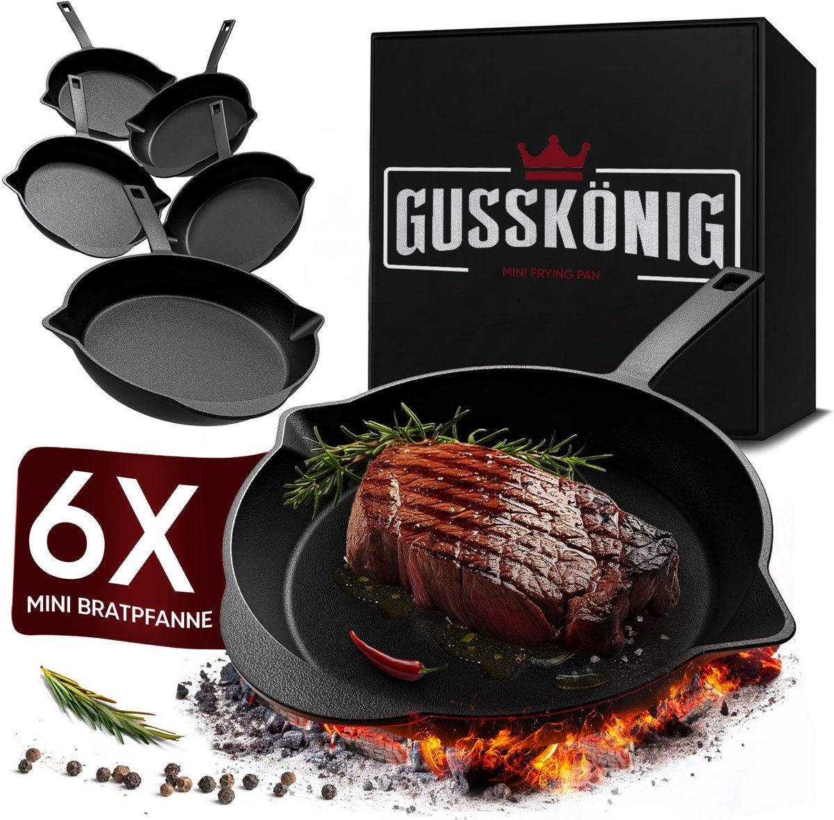 GUSSKÖNIG Pannenset mini - Ingebrande mini-gietijzeren pannen (set van 6, Ø 13,5 cm)