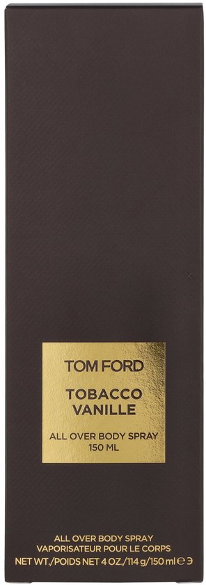 Donkerbruine Tom Ford Tobacco Vanille body spray 150 ml doos met goudkleurig etiket.