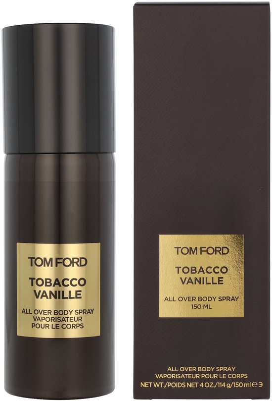 Bruine spuitbus en zwarte doos met gouden etiket: TOM FORD TOBACCO VANILLE ALL OVER BODY SPRAY 150 ML.