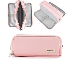 Pennenetui met 3 vakken groot etui roze voor meisjes en jongens pencil case voor meisjes en tieners pennenetui voor kinderen studenten volwassenen school kantoor make-up cadeau visitekaartjeshouder