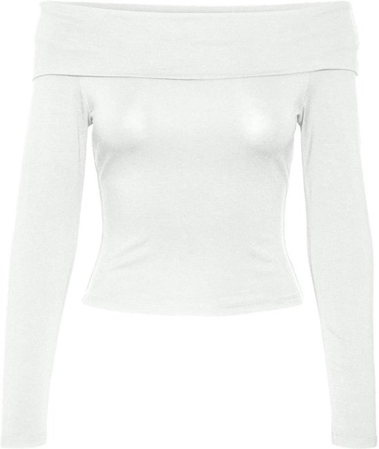 Wit off-shoulder T-shirt met lange mouwen.