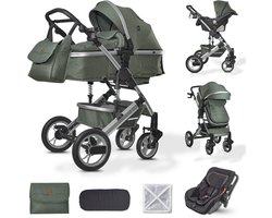 BRONEA® EXQUISE 2.0 Luxe multi-functionele kinderwagen 3 in 1 incl. Autostoel | MATRAS, Buggy, Luiertas, Voetenwarmer, Regenhoes, Muggen net & Zonneklep | silver/dusty-green