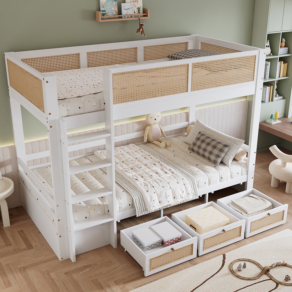 BLACKCOLORS Stapelbed, kinderbed, mooi hekje van gevlochten rotan, drie lades op wieltjes, stevige lattenbodems, met veiligheidshekken, grenen + MDF + multiplex, wit + naturel, 90 x 200 cm