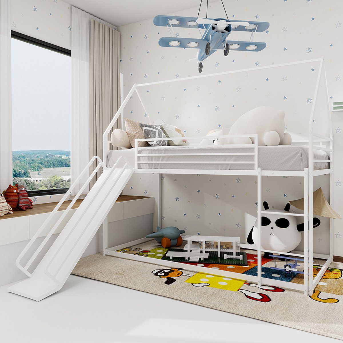 BLACKCOLORS Twin over Twin stapelbed met glijbaan voor kinderkamer, bedframe in de vorm van een huis met ladder, geen bedbodem nodig en eenvoudig te monteren