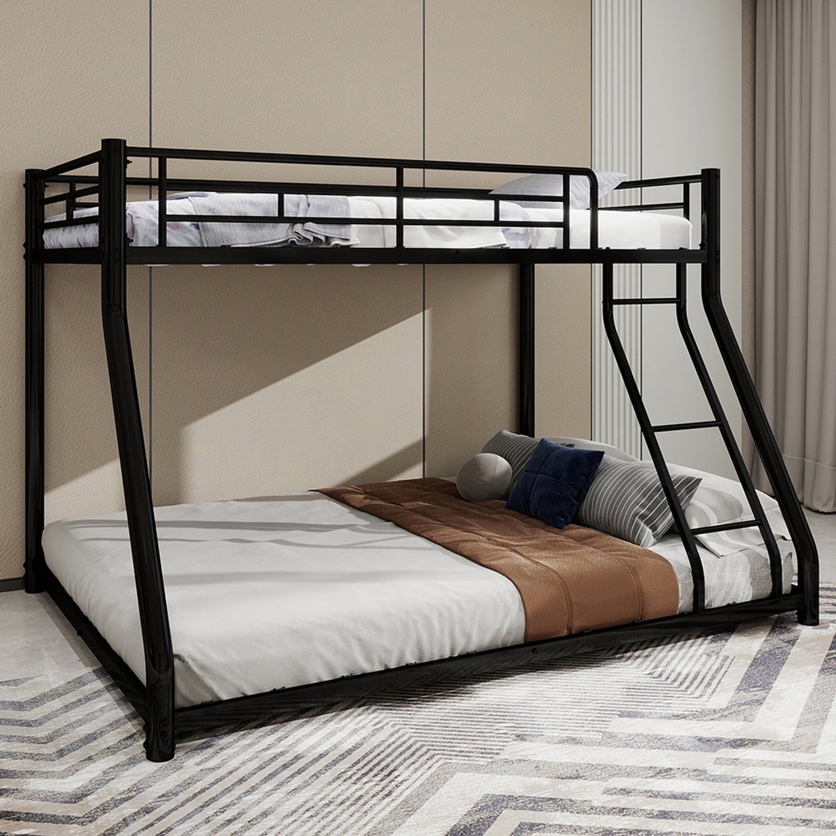 BLACKCOLORS Metalen stapelbed Twin Over Full, stevig metalen stapelbedframe, stapelbed Twin Over Full met ladder en veiligheidsrail over de hele lengte voor tieners en volwassenen, geruisloos