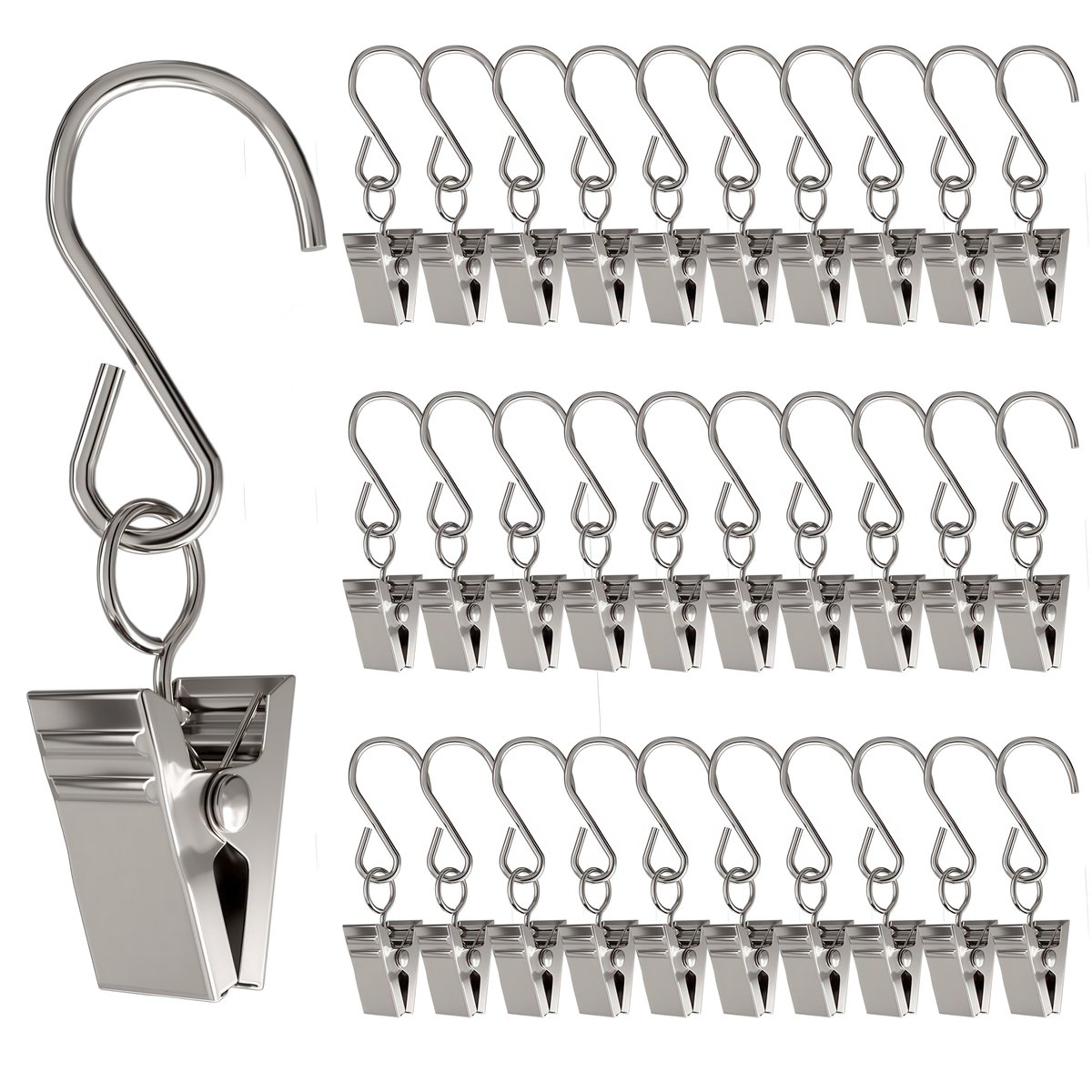 30x S Haken Metaal Gordijnhaken met Klemmen - Metalen Gordijn Ringen - Douchegordijn Ophanghaken met Klem - Gordijnen Haakjes - Curtain Glijder Hooks - Gordijnhangers Clips - Muurhaak Douchegordijnringen Runners voor u rail - Gordijnringen Zilver
