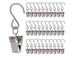 30x S Haken Metaal Gordijnhaken met Klemmen - Metalen Gordijn Ringen - Douchegordijn Ophanghaken met Klem - Gordijnen Haakjes - Curtain Glijder Hooks - Gordijnhangers Clips - Muurhaak Douchegordijnringen Runners voor u rail - Gordijnringen Zilver