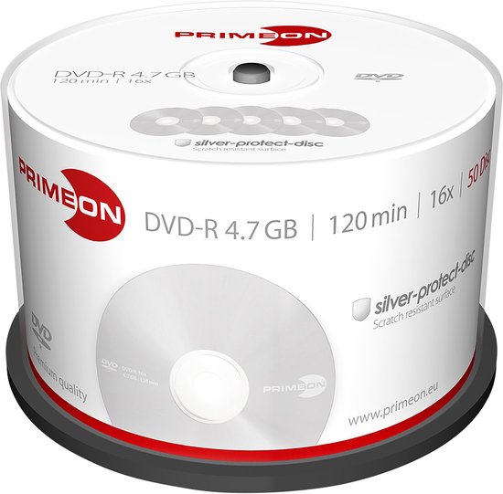 Primeon 2761204 DVD-R disc 4.7 GB 50 stuk(s) Spindel Mat zilver oppervlak