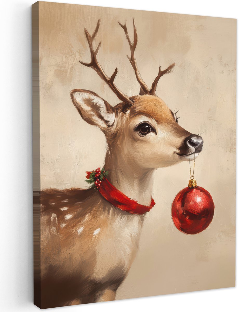 Tuindecoratie voor Kerst met afbeelding van hert, gewei, kerstbal en rendier op canvas van 70x100 cm voor buitengebruik.
