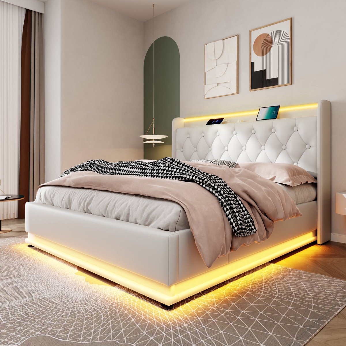 Merax Gestoffeerd bed - tweepersoonsbed met LED-verlichting - afstandsbediening - 160x200 cm met opbergruimte met USB Type-C opladen - wit - zonder matras
