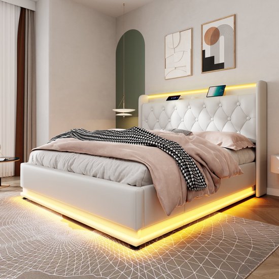 Lit rembourré - lit double avec éclairage LED- télécommande - 180x200 cm avec espace de rangement avec chargement USB Type-C - blanc - sans matelas
