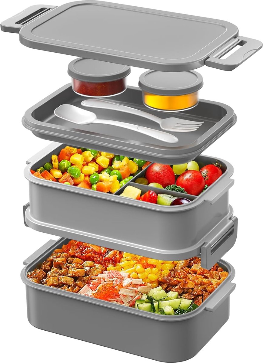 Lunchbox/broodtrommel met bestek - bamboe/rvs - 16 x 11 x 5.6 cm