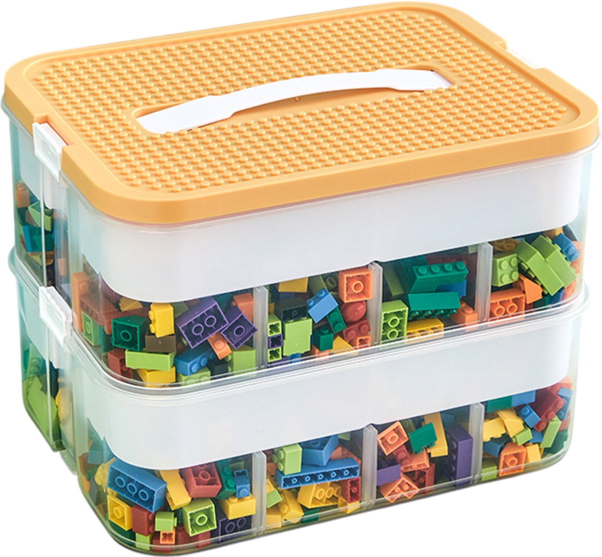 Opbergbox met vakjes – Bouwstenen opbergdoos – Dubbellaags – 32 vakken – Oranje – met handvat