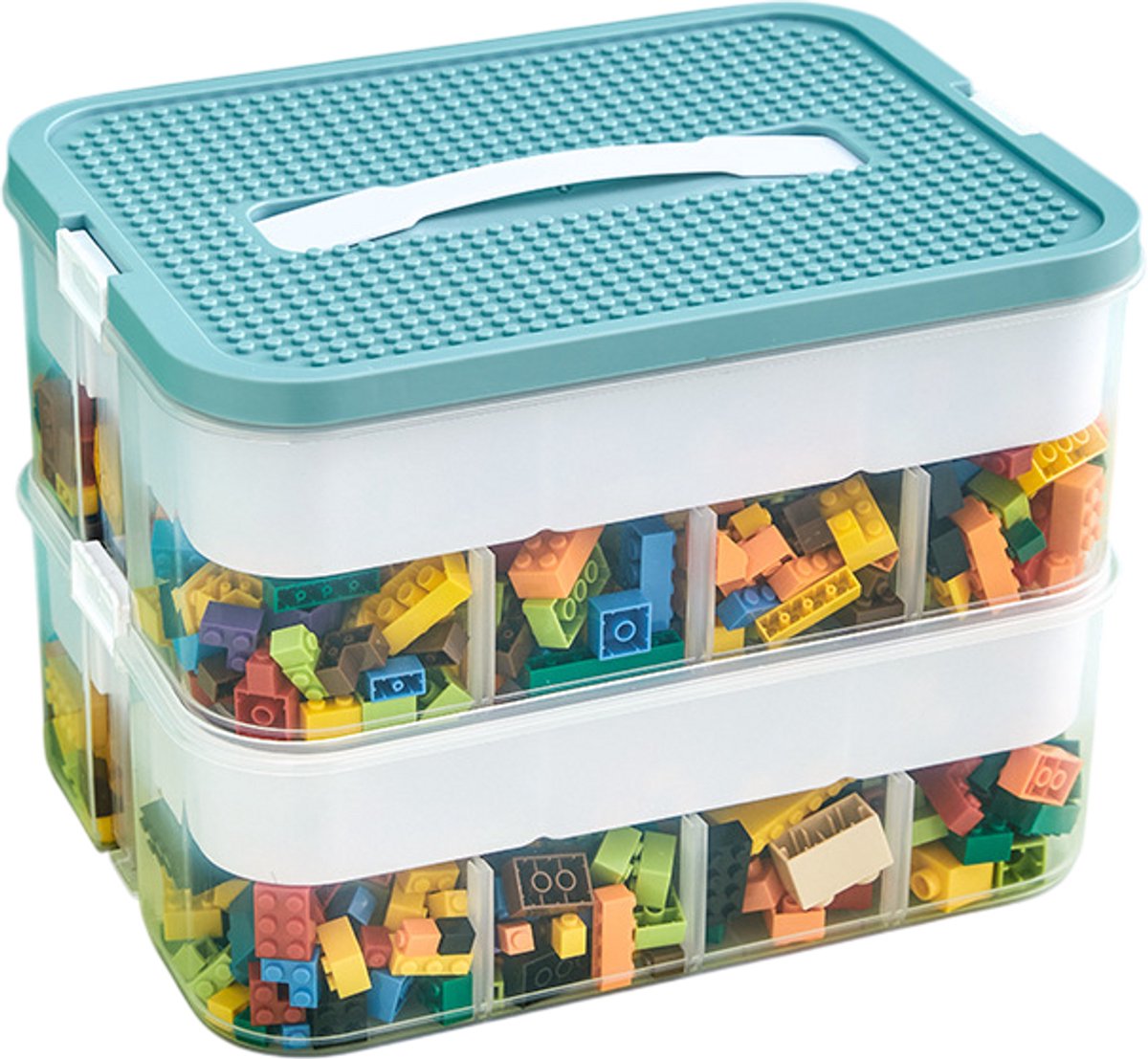 Opbergbox met vakjes – Bouwstenen opbergdoos – dubbellaags – 32 vakken – Blauw – met handvat