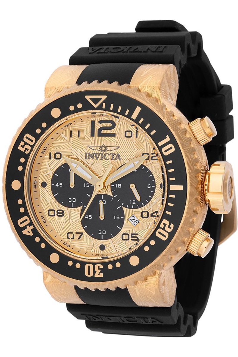 Invicta Pro Diver 48618 Heren Horloge - Waterdicht - Analoog - Quartz Uurwerk - Roestvrij Staal met gouden Wijzerplaat - 52mm